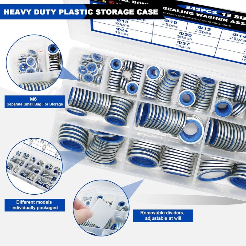 Daptemn 245PCS Metric Bonded Seal Dowty Washer, NBR Zinc-Plated Automotive Self-Centred Seal Rubber Washers, Gasket Seal Crush O-Ring Assortment Kit Set, Includes Sizes of M6-M30 - Image 5